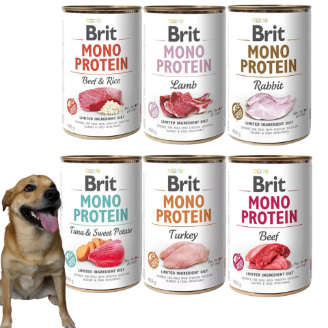 BRIT MONO protein MIX smaków 6x400 g dla PSA Z ALERGIĄ + GRATIS